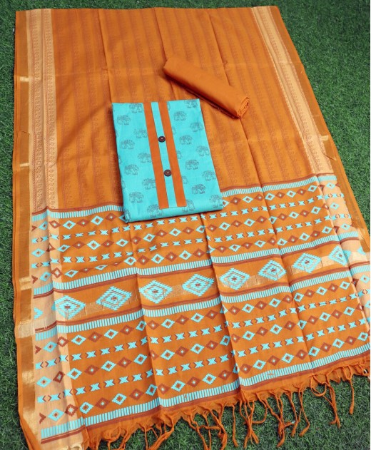 Pure Cotton Dress Materials - Sea-Blue and Rust color